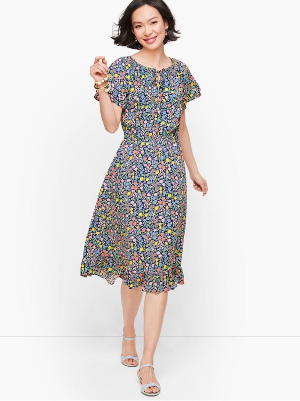 Talbots Gathered Tie Neck Floral Midi Dress Size 6